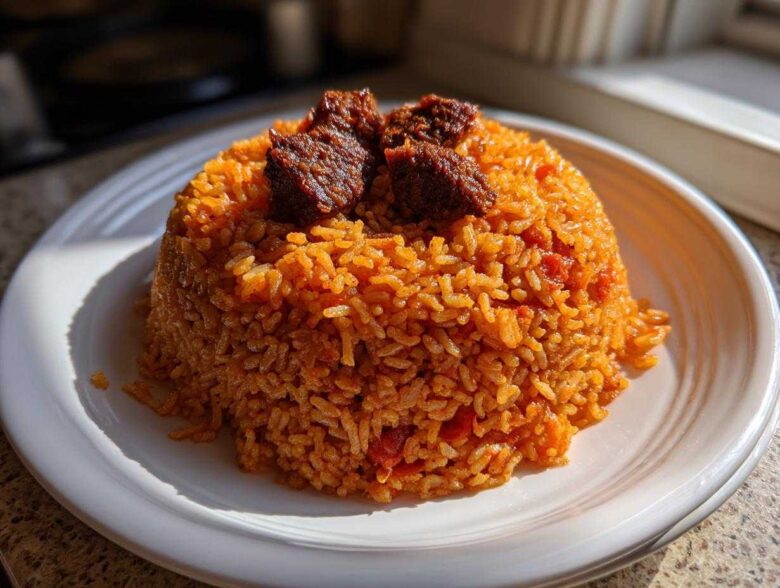 A mound of vibrant orange Jollof Rice served on a white plate, topped with pieces of dark, seasoned meat.