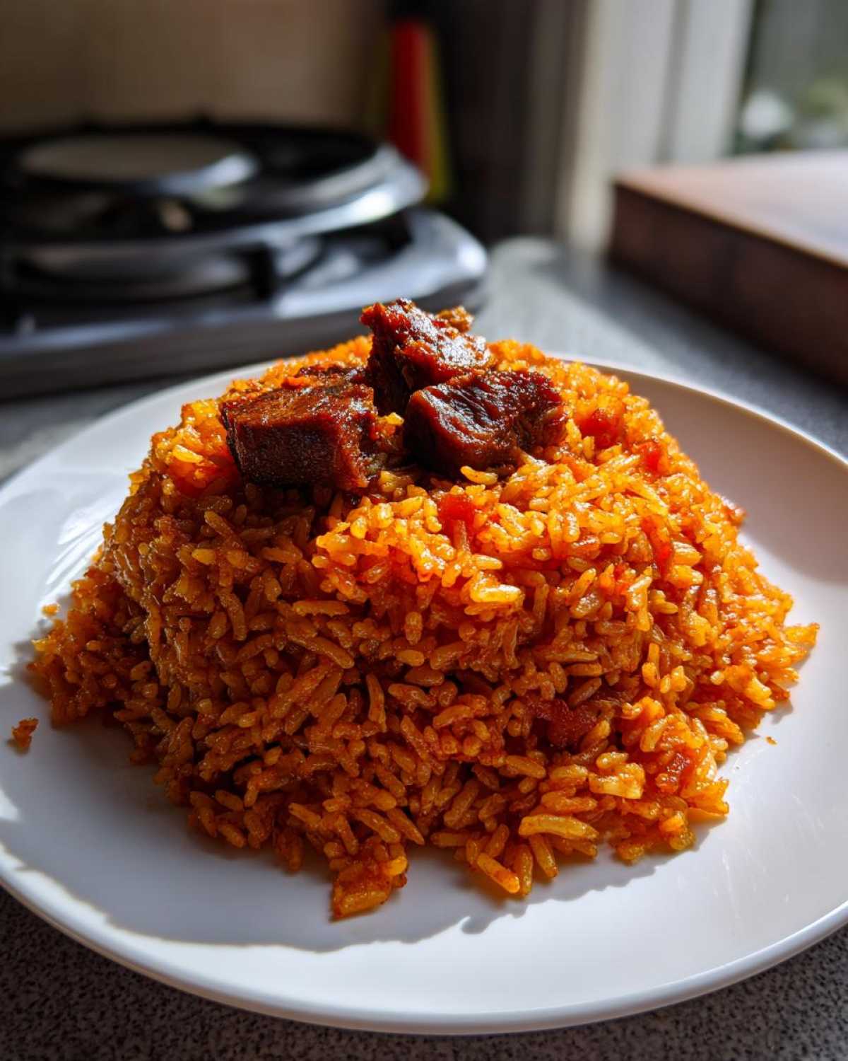 A mound of vibrant orange Jollof Rice topped with pieces of stewed meat, showcasing the Irresistible Jollof Rice Flavor Adventure.