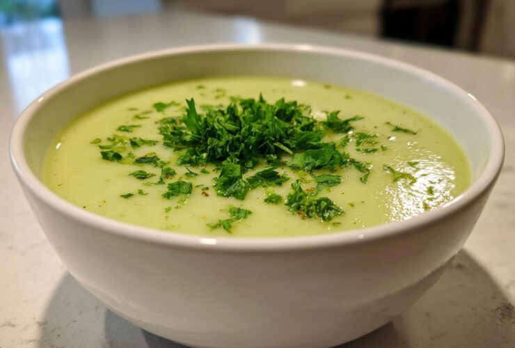 A close-up of a bowl of smooth, pale green Julia Child Potato Leek Soup topped with fresh chopped parsley.
