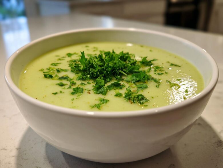 A close-up of a bowl of smooth, pale green Julia Child Potato Leek Soup topped with fresh chopped parsley.