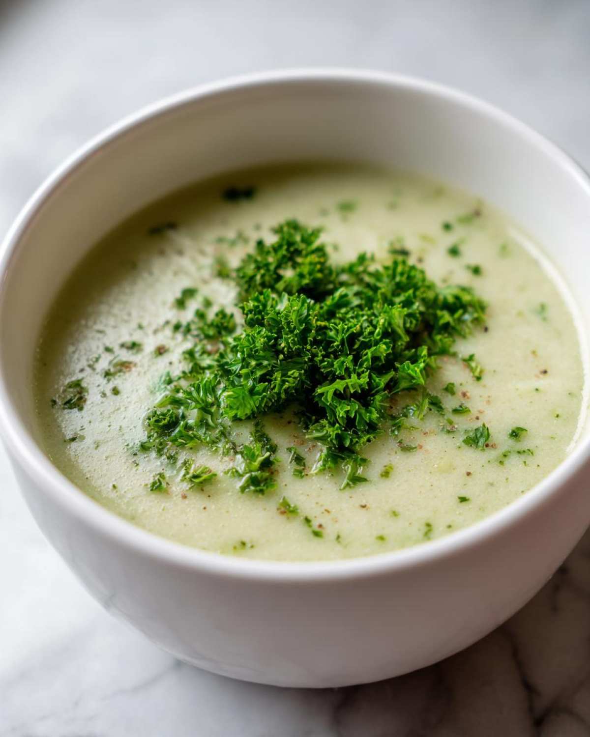 Close-up of a bowl of creamy Julia Child Potato Leek Soup topped with fresh chopped parsley.