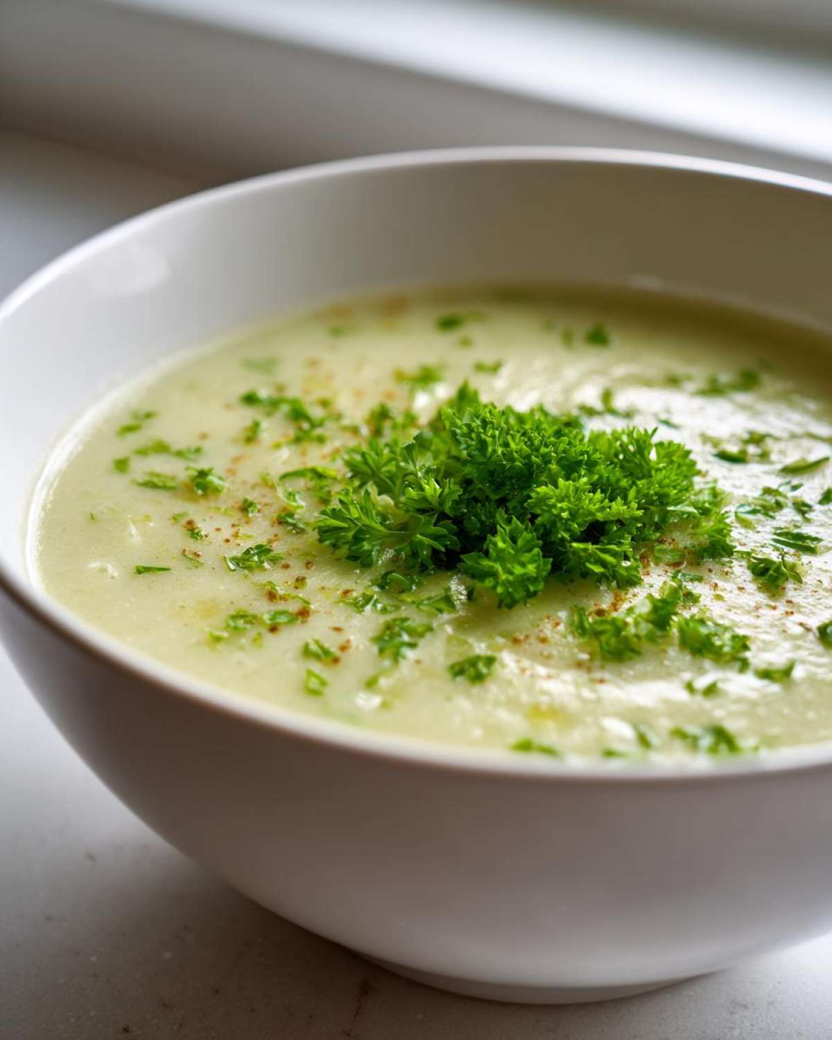 Close-up of a white bowl filled with creamy Julia Child Potato Leek Soup, garnished with fresh parsley.