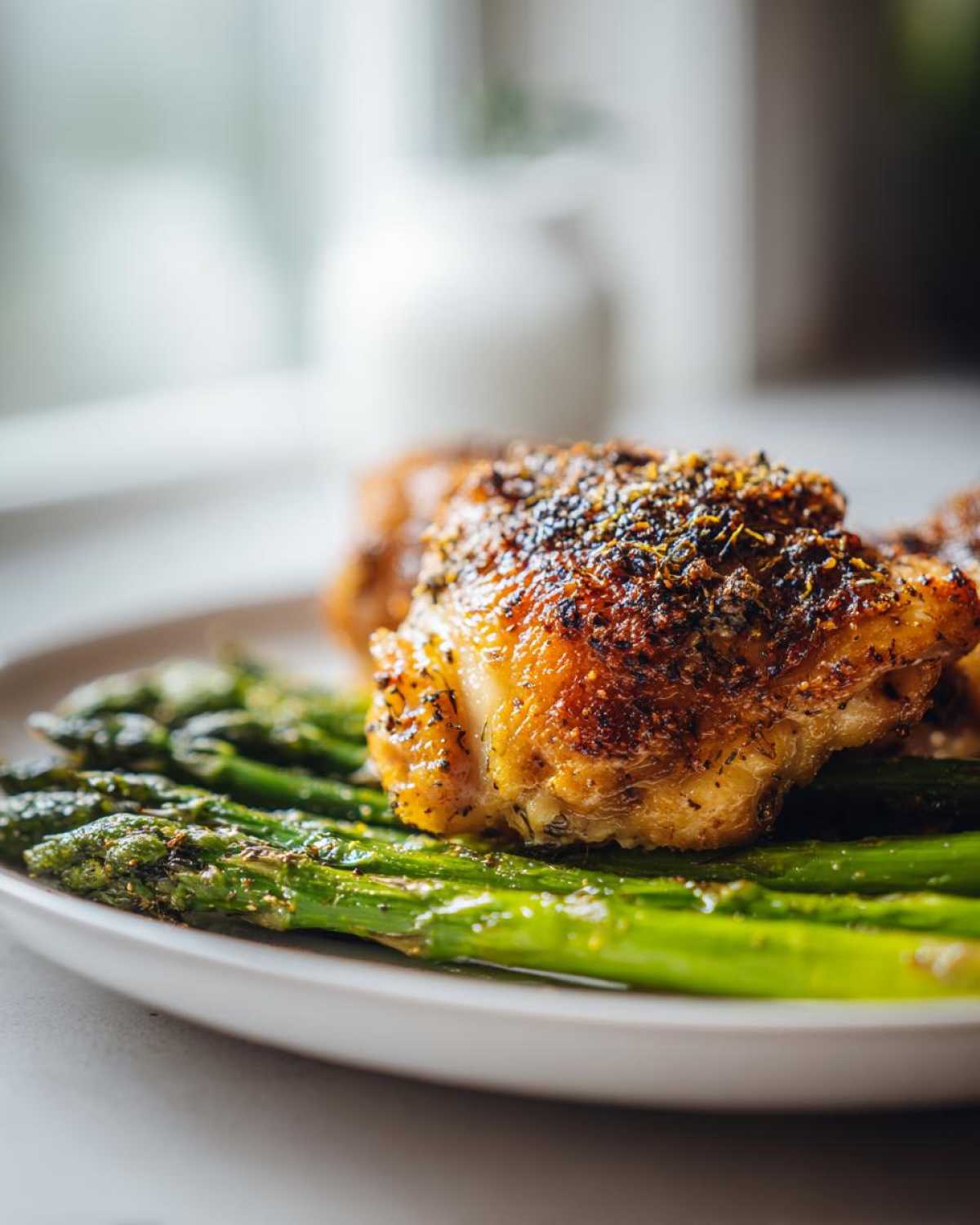 Crispy seasoned chicken thigh served over bright green air-fried asparagus, perfect for a Keto Air Fryer for Busy Nights Quick Low Carb Dinner.