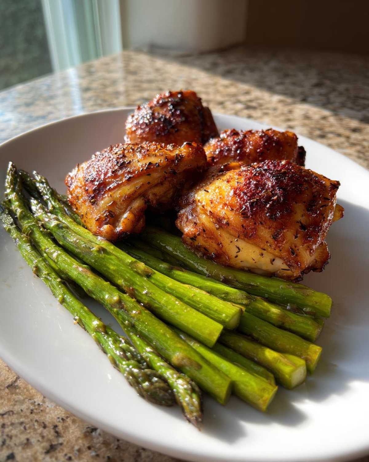 Crispy air-fried chicken thighs served with bright green asparagus, perfect for a Keto Air Fryer for Busy Nights Quick Low Carb Dinner.