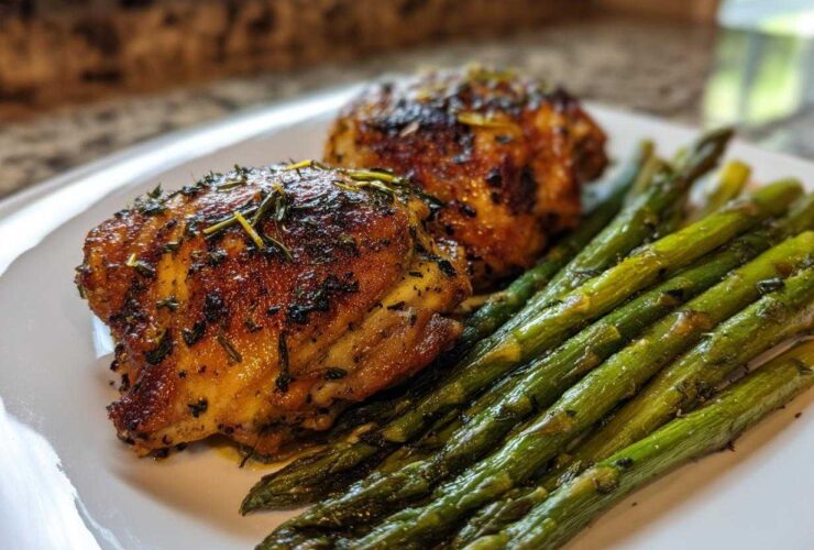Two crispy, seasoned chicken thighs served next to bright green asparagus, perfect for a Keto Air Fryer Quick Low Carb Dinner.