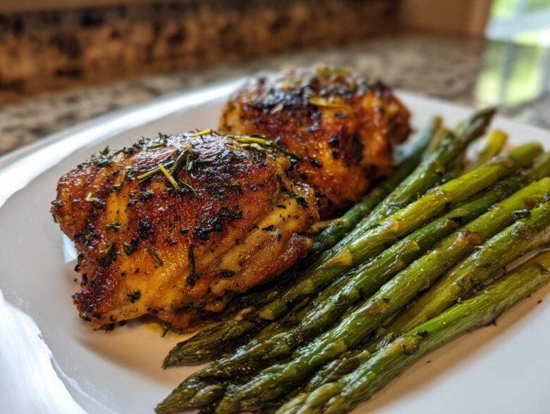 Two crispy, seasoned chicken thighs served next to bright green asparagus, perfect for a Keto Air Fryer Quick Low Carb Dinner.