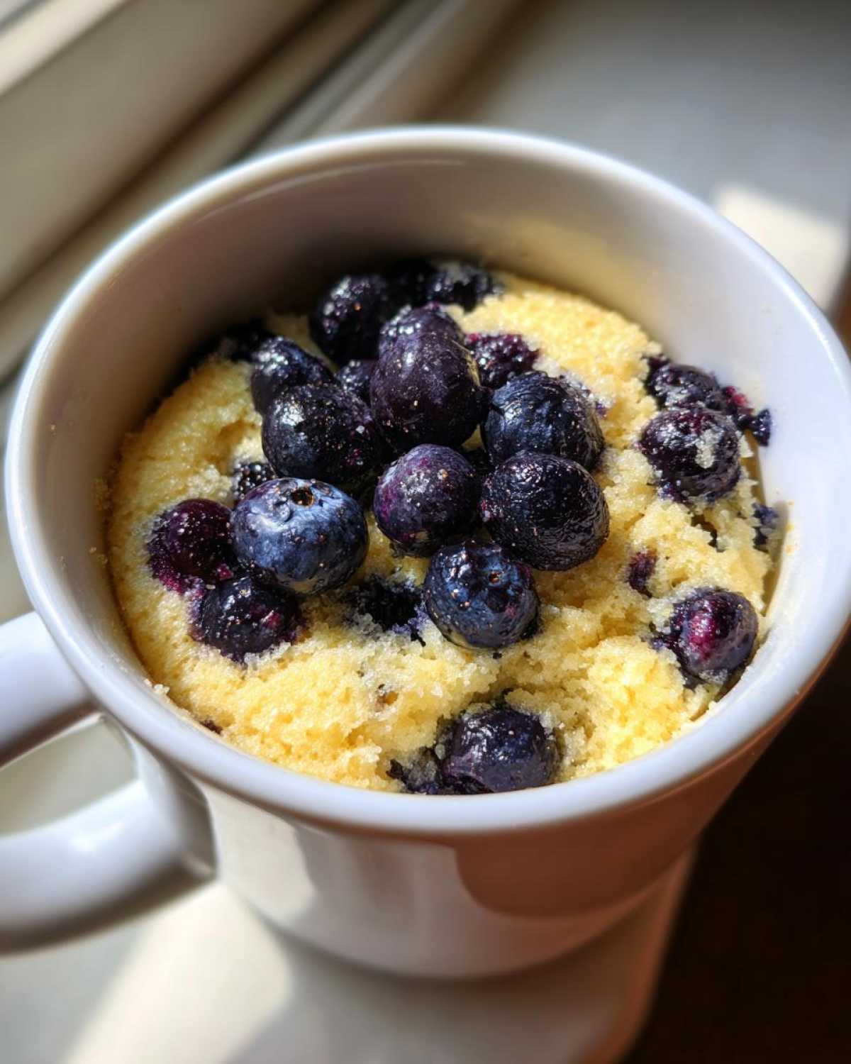 A close-up view of a freshly baked Keto Blueberry Lemon Mug Cake topped with fresh blueberries.