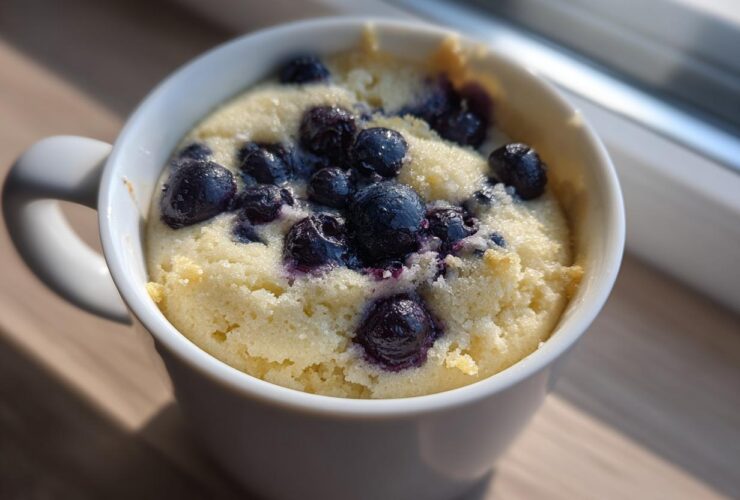 Close-up of a freshly baked Keto Blueberry Lemon Mug Cake topped with whole blueberries in a white mug.
