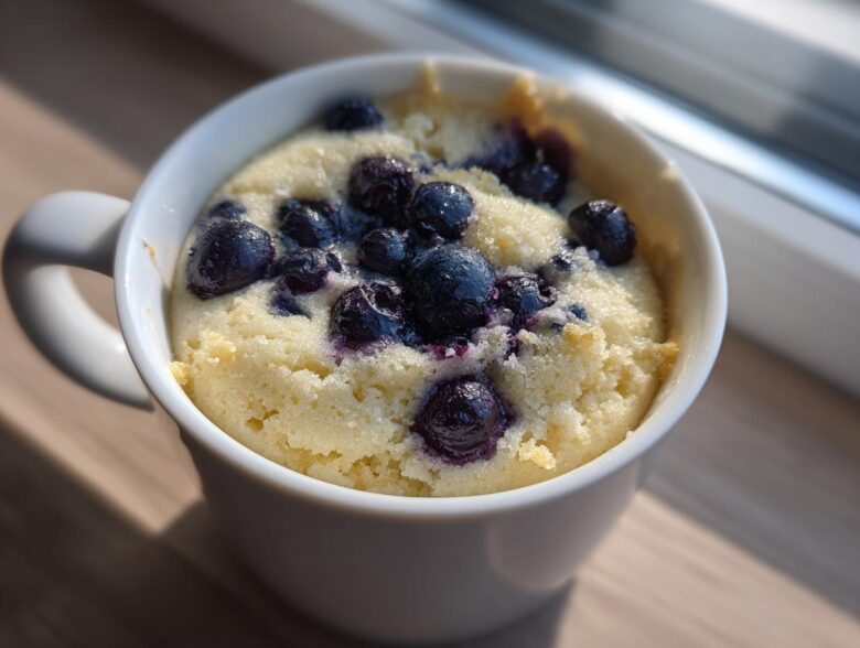 Close-up of a freshly baked Keto Blueberry Lemon Mug Cake topped with whole blueberries in a white mug.