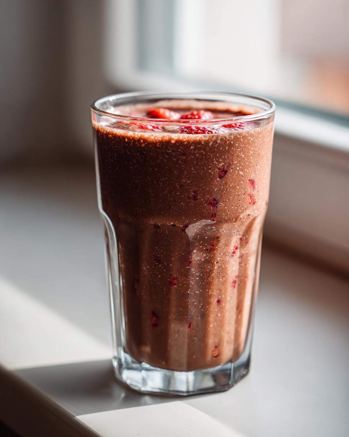 A tall glass filled with a thick, brown Keto Chocolate Strawberry Smoothie, topped with strawberry pieces.