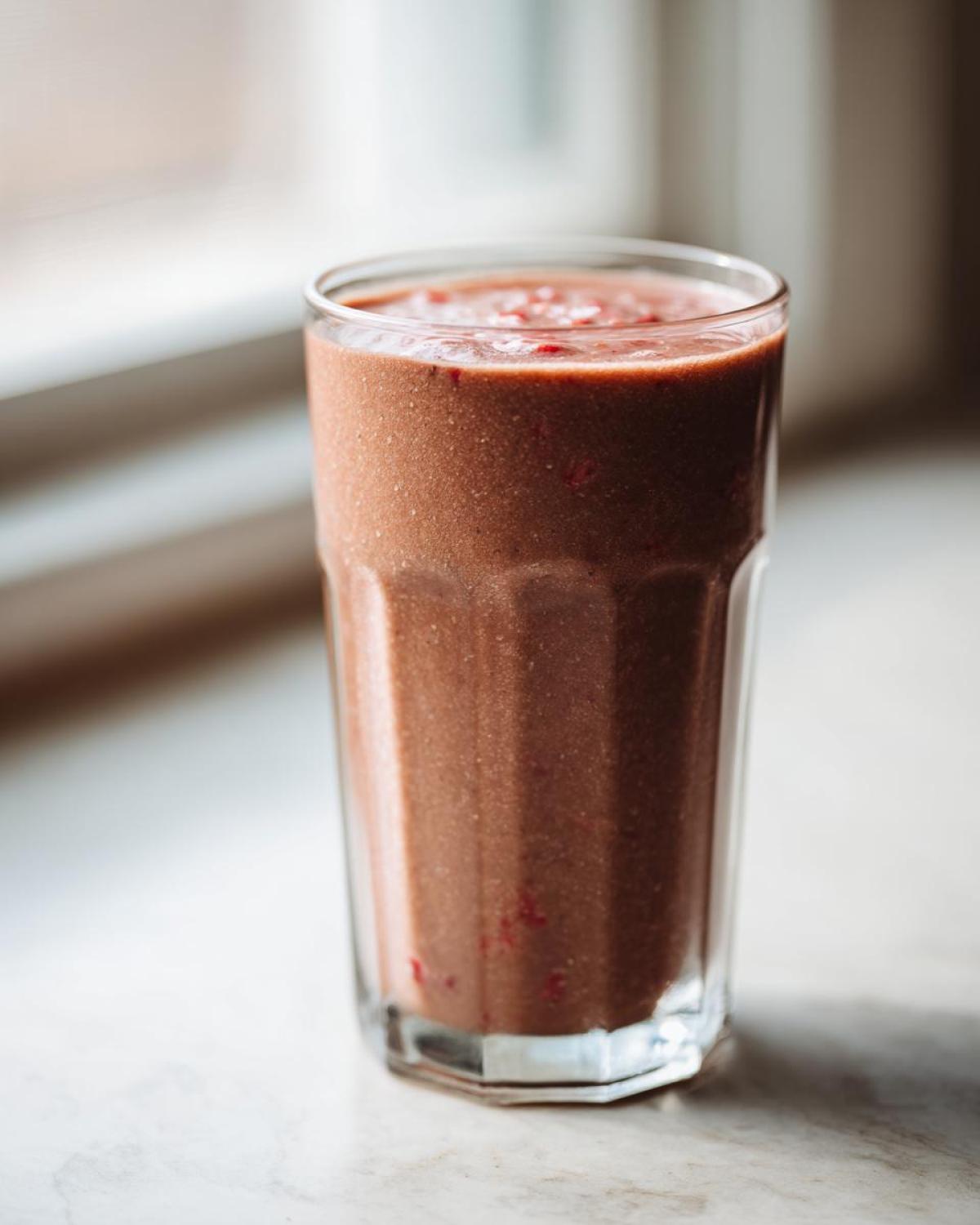 A tall glass filled with a thick, brown Keto Chocolate Strawberry Smoothie sitting on a light countertop near a window.