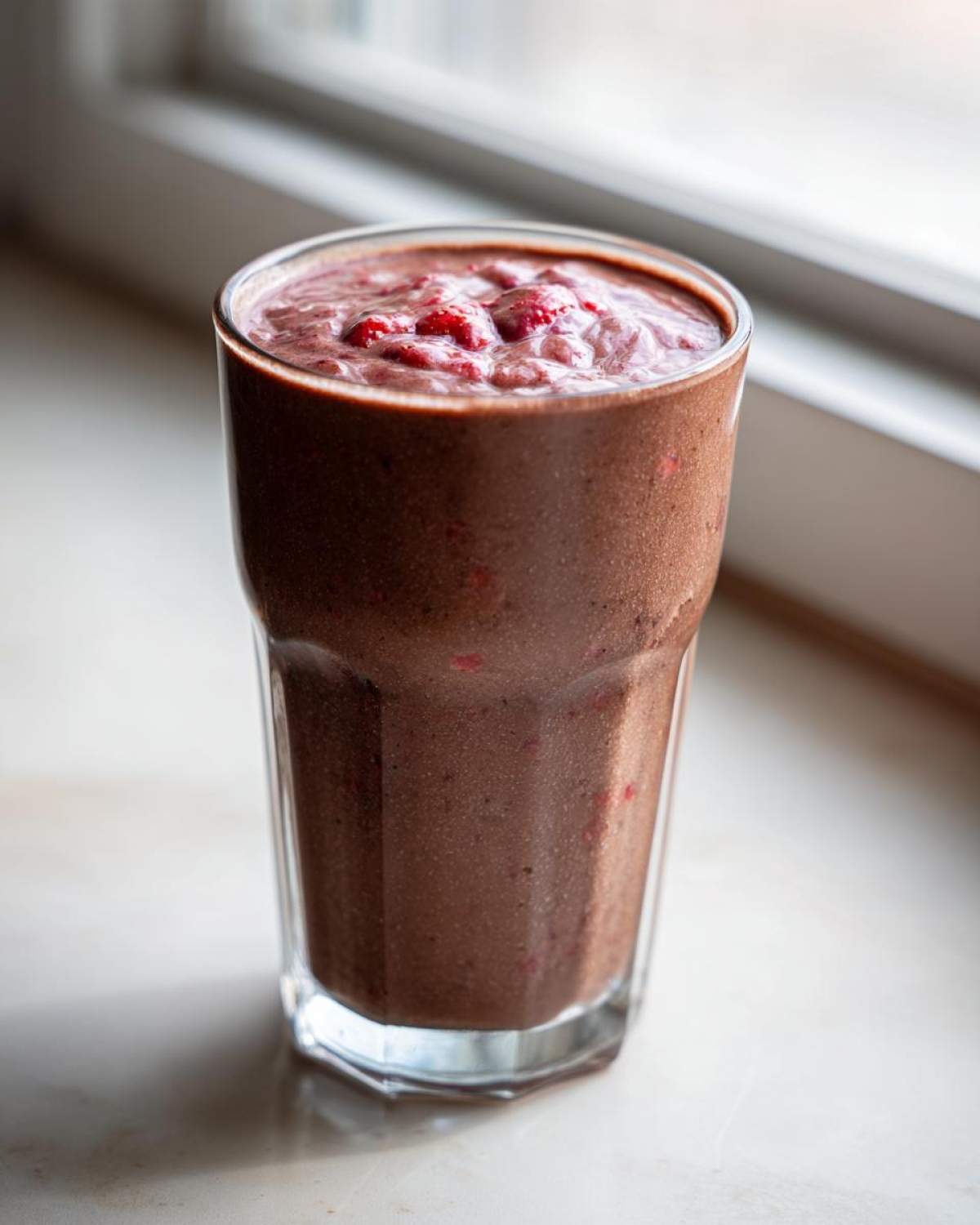 A tall glass filled with a thick, dark brown Keto Chocolate Strawberry Smoothie topped with visible strawberry pieces.