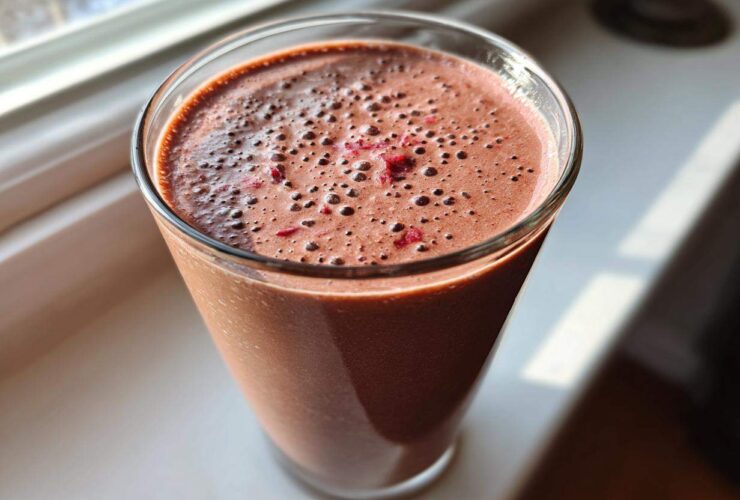 Close-up of a thick, rich Keto Chocolate Strawberry Smoothie topped with small red berry pieces.