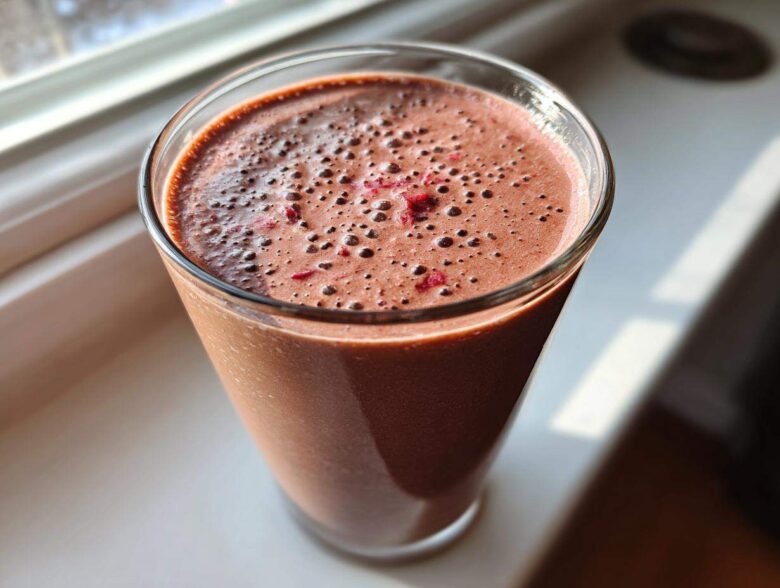 Close-up of a thick, rich Keto Chocolate Strawberry Smoothie topped with small red berry pieces.
