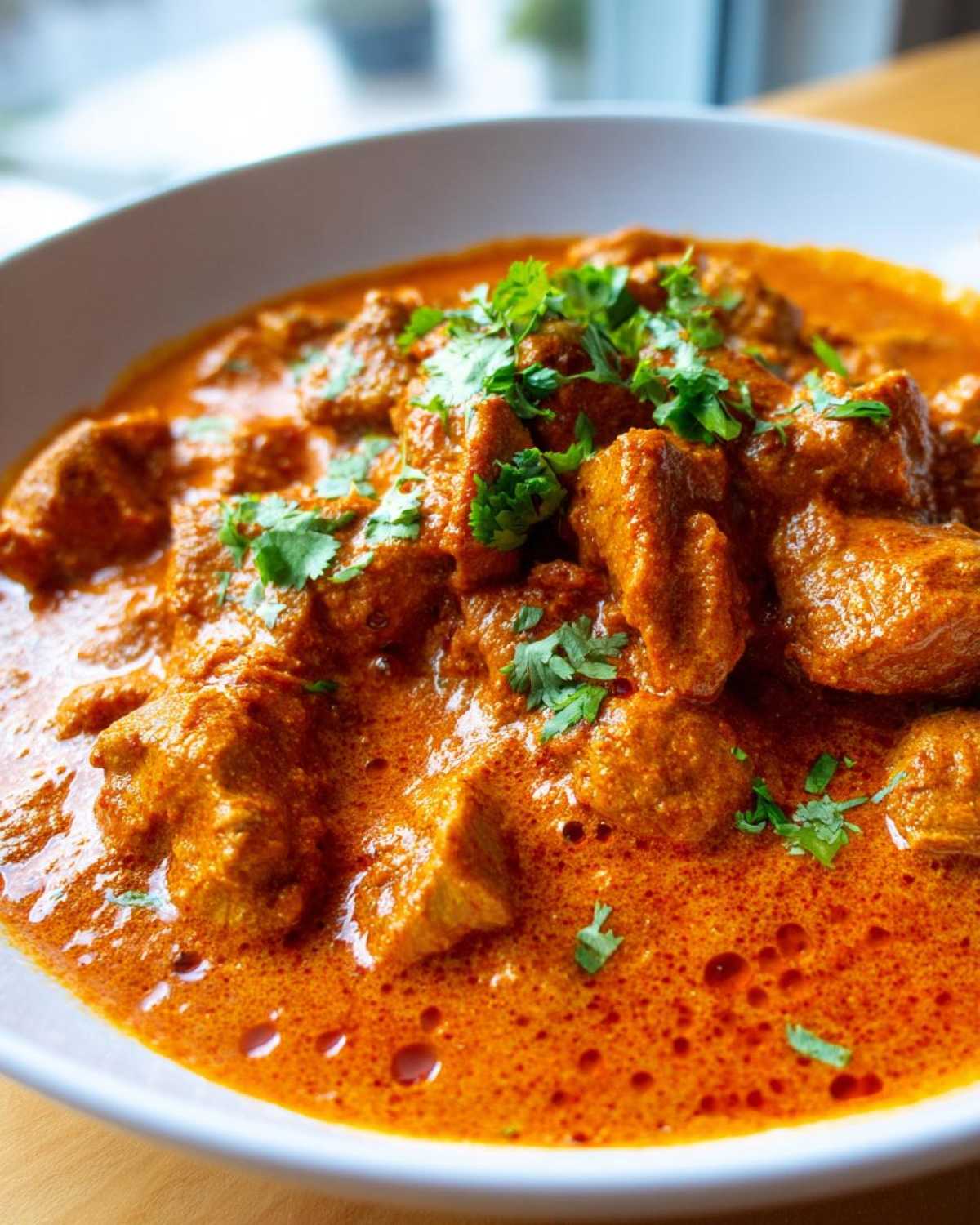 Close-up shot of rich, orange-red Keto Creamy Butter Chicken Skillet topped with fresh cilantro in a white bowl.