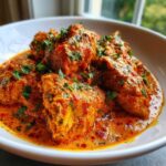 Close-up of rich, orange-red Keto Creamy Butter Chicken Skillet pieces garnished with fresh cilantro in a white bowl.