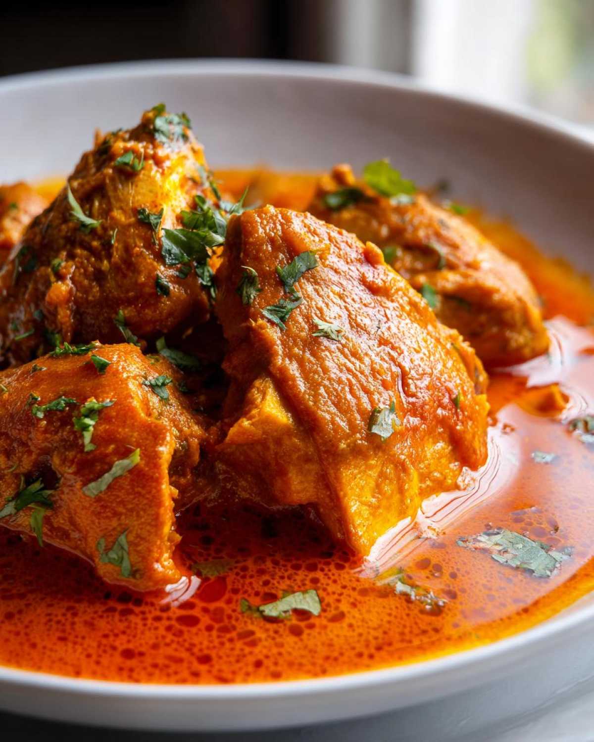 Close-up of tender chicken pieces coated in rich, orange sauce, served in a white bowl as part of the Keto Creamy Butter Chicken Skillet.
