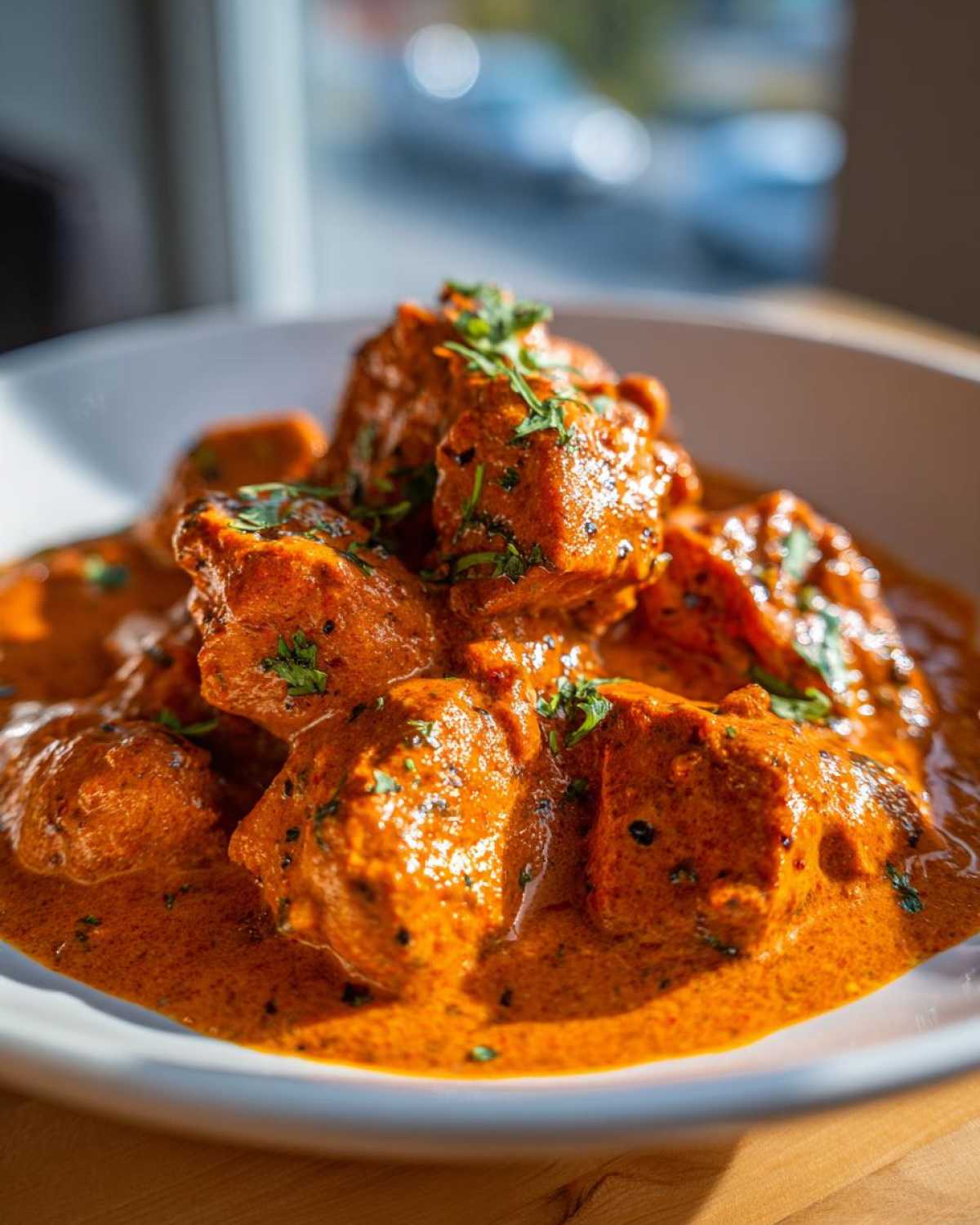 Close-up of tender chicken pieces coated in rich, orange sauce in a Keto Creamy Butter Chicken Skillet, garnished with cilantro.
