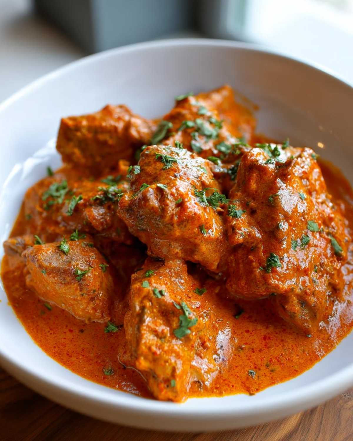 Close-up of rich, orange-red Keto Creamy Butter Chicken Skillet pieces garnished with fresh cilantro in a white bowl.
