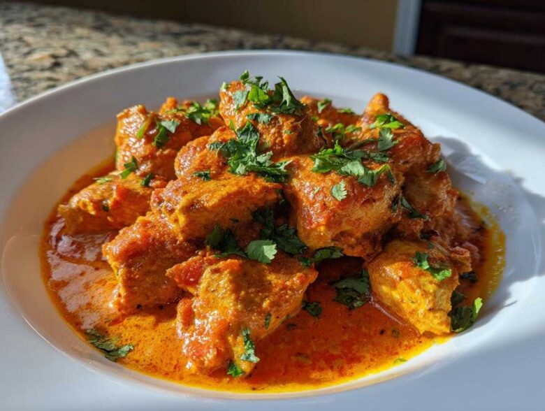 Close-up of rich, orange Keto Creamy Butter Chicken Skillet garnished with fresh cilantro.
