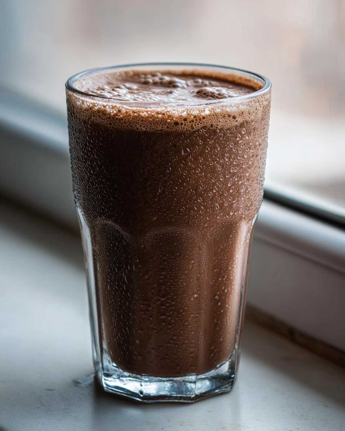 A tall, cold glass filled with a frothy Keto Creamy Chocolate Peanut Butter Shake, showing condensation droplets on the exterior.