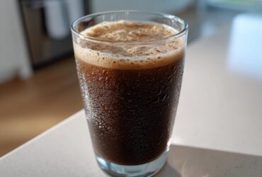 A cold, dark brown Keto Creamy Chocolate Peanut Butter Shake in a glass showing condensation droplets.