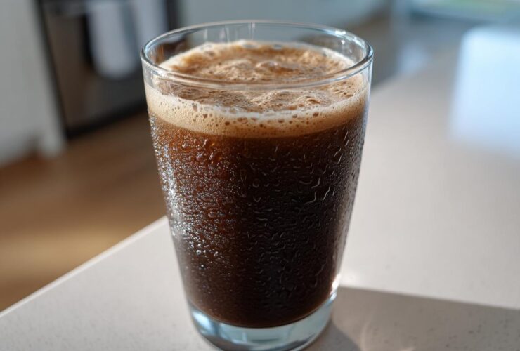 A cold, dark brown Keto Creamy Chocolate Peanut Butter Shake in a glass showing condensation droplets.