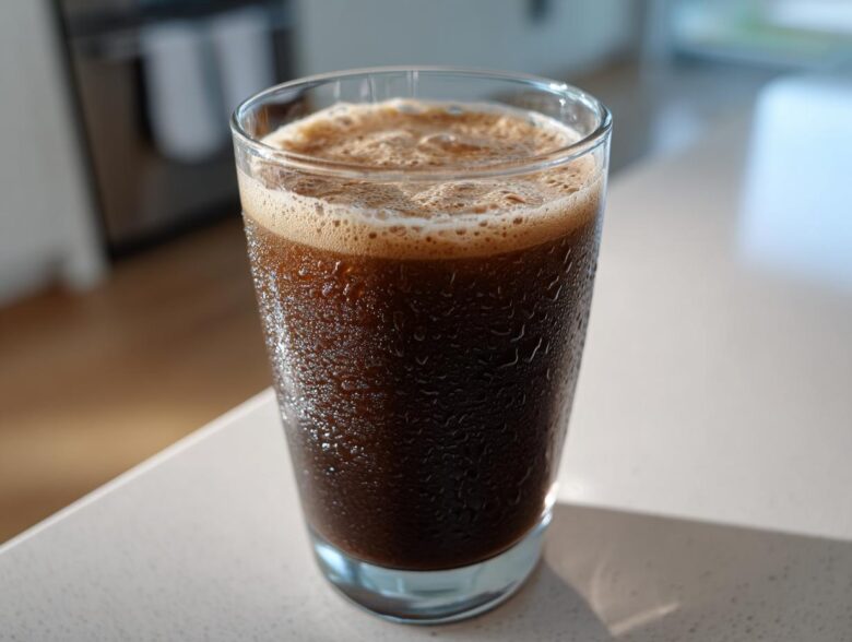 A cold, dark brown Keto Creamy Chocolate Peanut Butter Shake in a glass showing condensation droplets.
