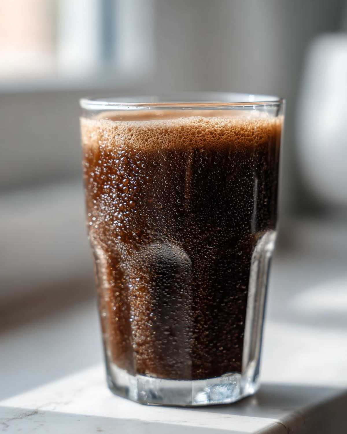 Close-up of a tall glass filled with a dark, frothy Keto Creamy Chocolate Peanut Butter Shake, showing condensation beads on the exterior.