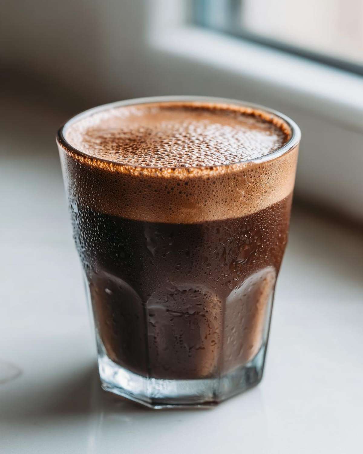 A close-up of a frosty glass filled with a dark, frothy Keto Creamy Chocolate Peanut Butter Shake.