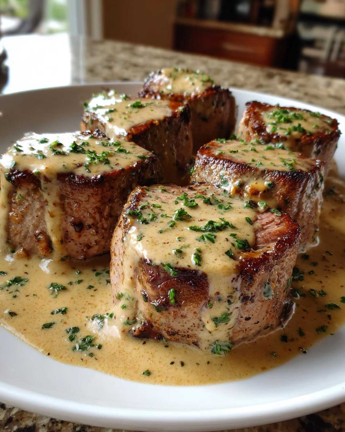 Close-up of seared pork tenderloin medallions covered in Keto Creamy Garlic Herb Pork Tenderloin sauce.
