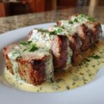 Four thick slices of seared Keto Creamy Garlic Herb Pork Tenderloin covered in a rich, pale yellow herb sauce.