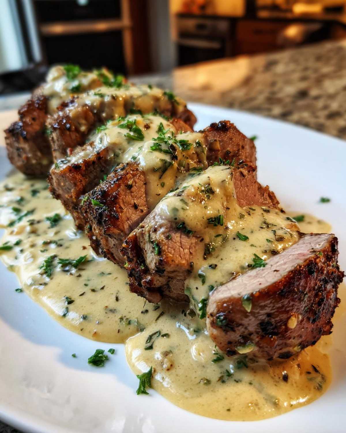 Close-up of sliced Keto Creamy Garlic Herb Pork Tenderloin smothered in a rich, pale yellow garlic herb sauce.