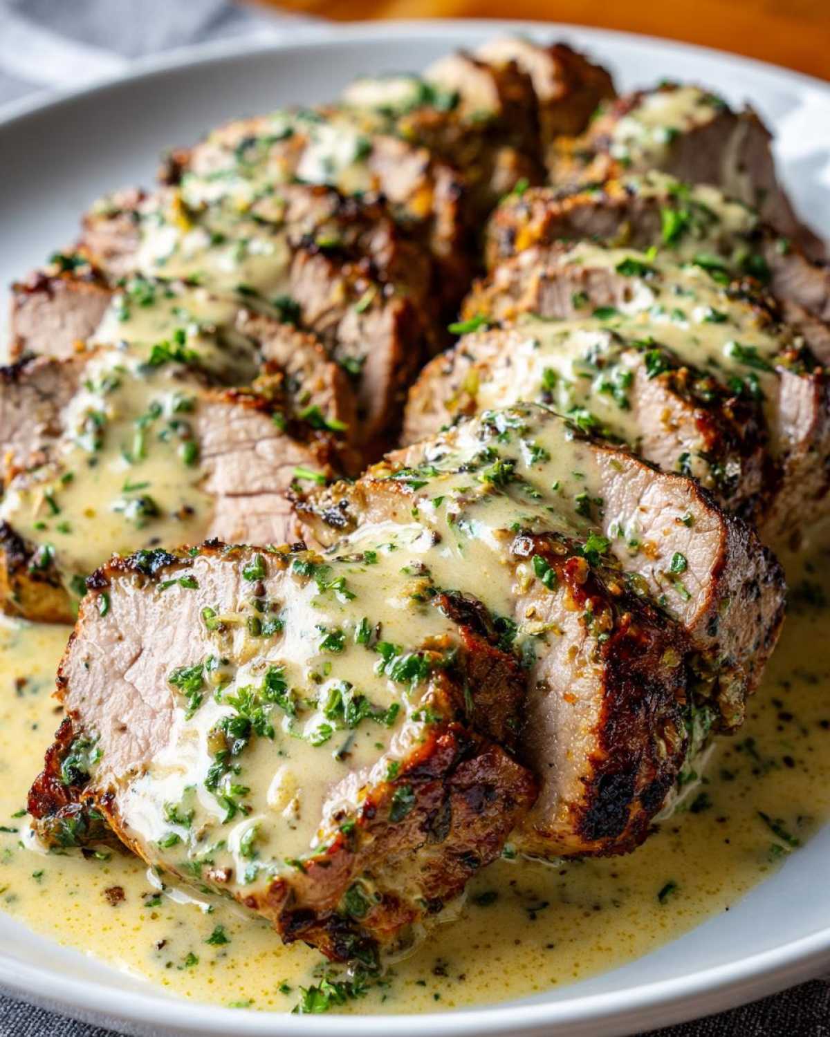 Close-up of sliced Keto Creamy Garlic Herb Pork Tenderloin generously covered in a rich, creamy garlic herb sauce.