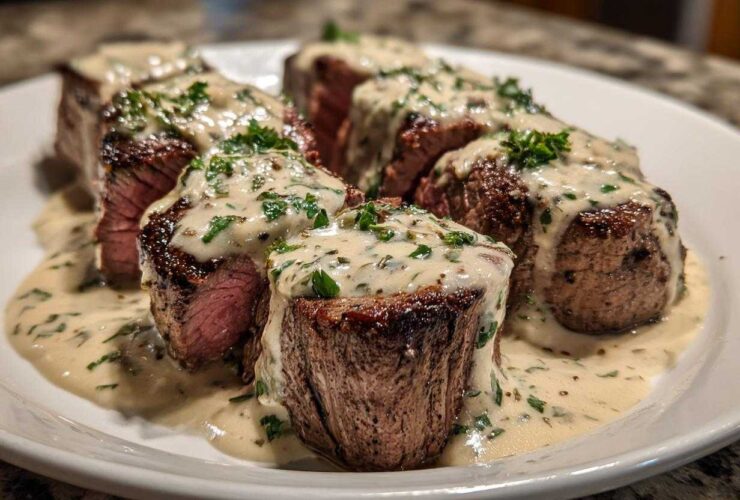 Four thick slices of perfectly cooked Keto Creamy Garlic Herb Pork Tenderloin covered in a rich, herbed cream sauce.