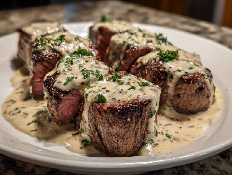 Four thick slices of perfectly cooked Keto Creamy Garlic Herb Pork Tenderloin covered in a rich, herbed cream sauce.