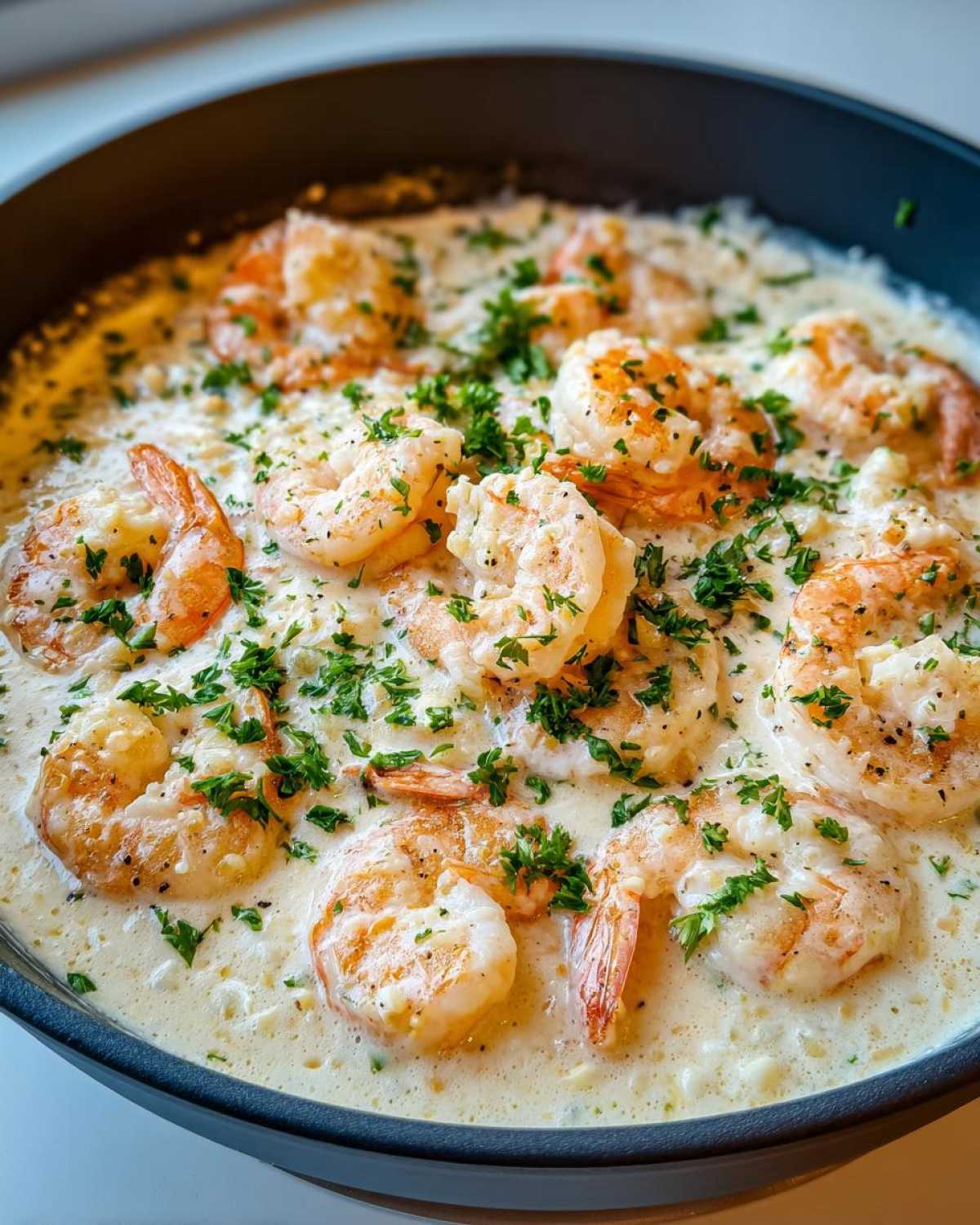 Close-up of shrimp cooked in a rich, creamy garlic sauce, garnished with fresh parsley, ready to serve from the skillet.