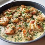 Close-up of Keto Creamy Garlic Shrimp Skillet, featuring large shrimp in a rich, creamy garlic sauce topped with fresh parsley.