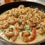 Close-up of shrimp cooked in a creamy garlic sauce, garnished with parsley, ready in a skillet for Keto Creamy Garlic Shrimp Skillet.