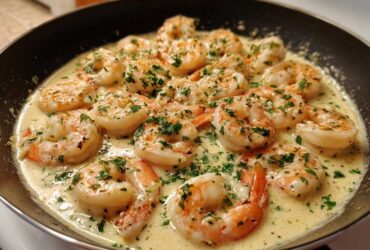 Close-up of shrimp cooked in a creamy garlic sauce, garnished with parsley, ready in a skillet for Keto Creamy Garlic Shrimp Skillet.
