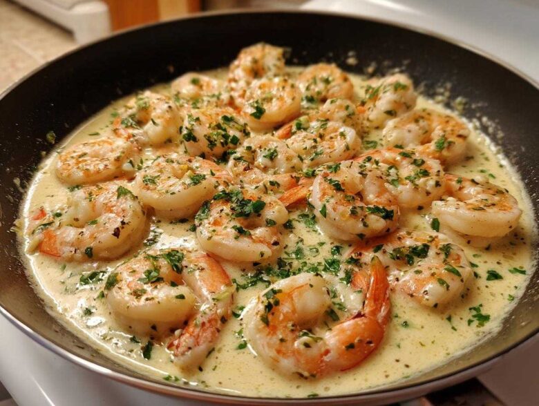 Close-up of shrimp cooked in a creamy garlic sauce, garnished with parsley, ready in a skillet for Keto Creamy Garlic Shrimp Skillet.