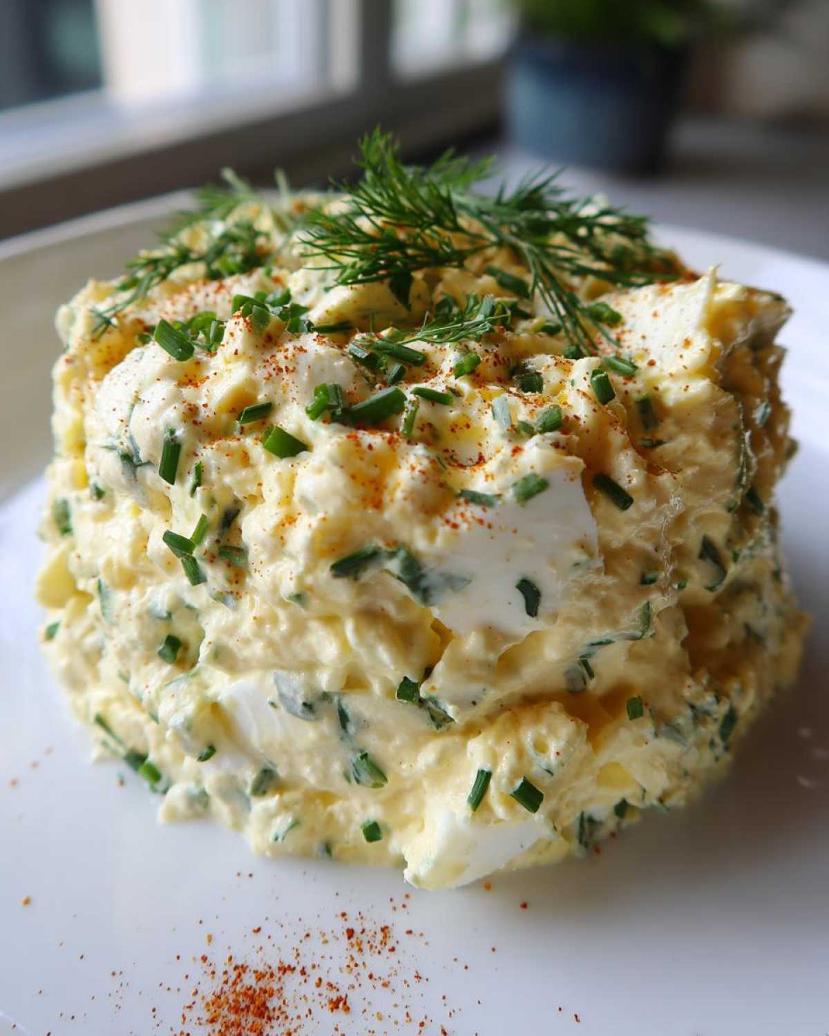 A tall mound of Keto Creamy Herb Deviled Egg Salad garnished with fresh dill and chives on a white plate.