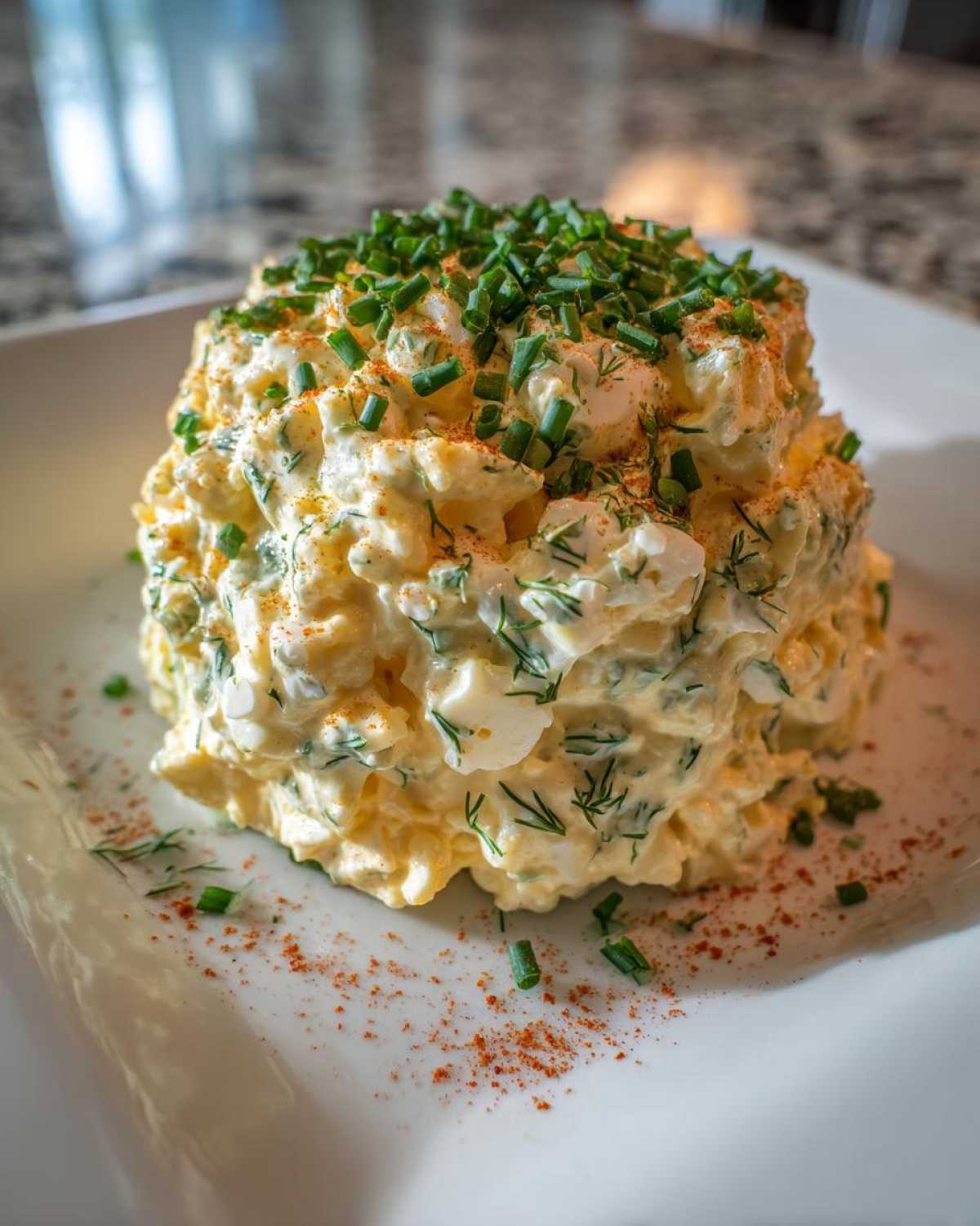 A perfectly molded mound of Keto Creamy Herb Deviled Egg Salad topped with fresh chives and paprika.