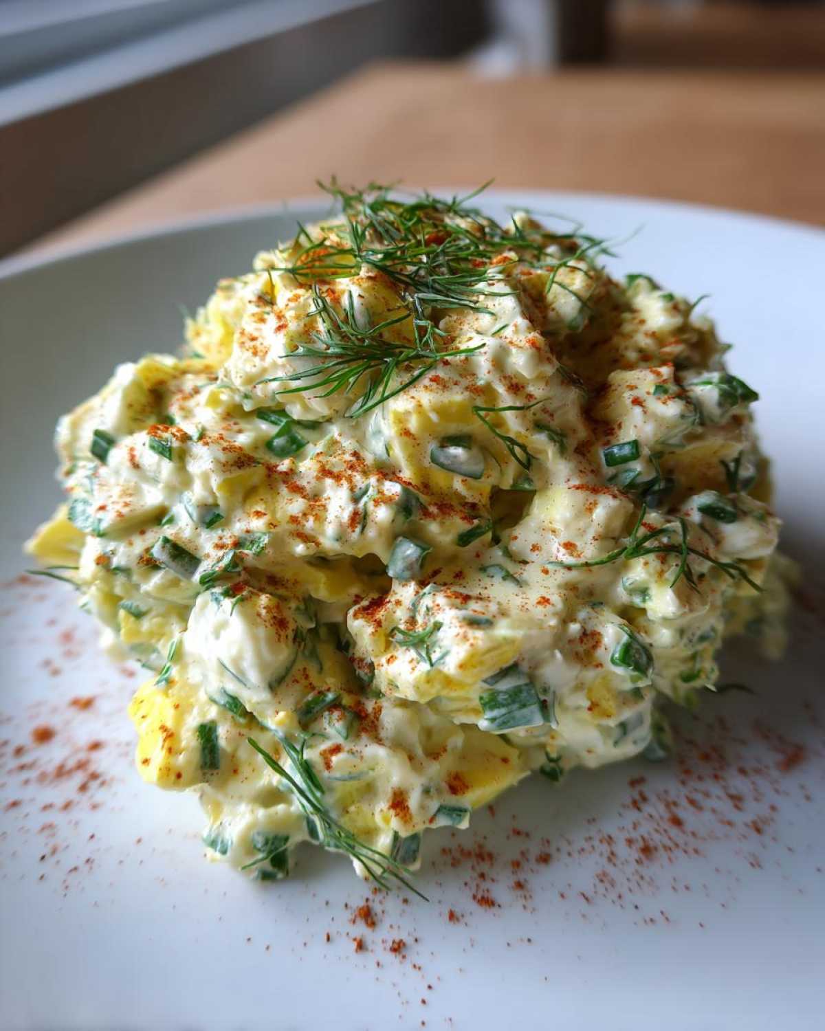 A mound of Keto Creamy Herb Deviled Egg Salad garnished with fresh dill and paprika on a white plate.