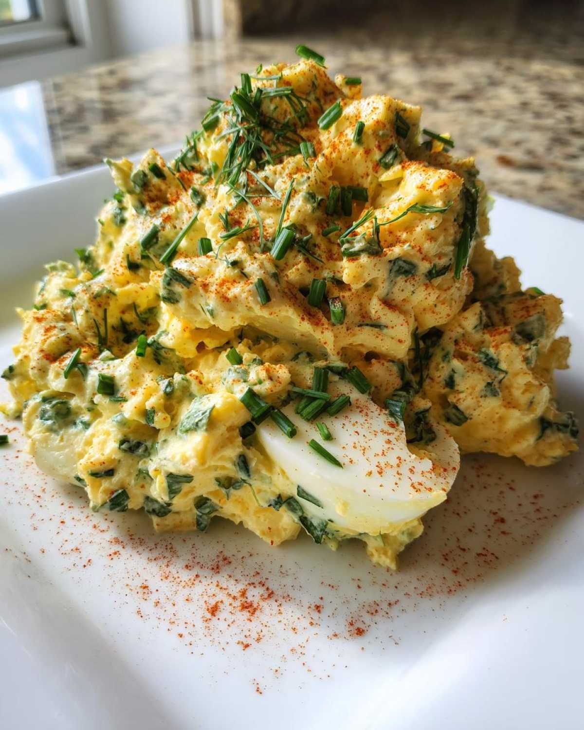 A mound of Keto Creamy Herb Deviled Egg Salad topped with fresh chives and paprika on a white plate.