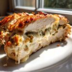 A close-up of Keto Creamy Jalapeno Popper Chicken sliced in half, showing melted cheese and green jalapenos inside the juicy white meat.