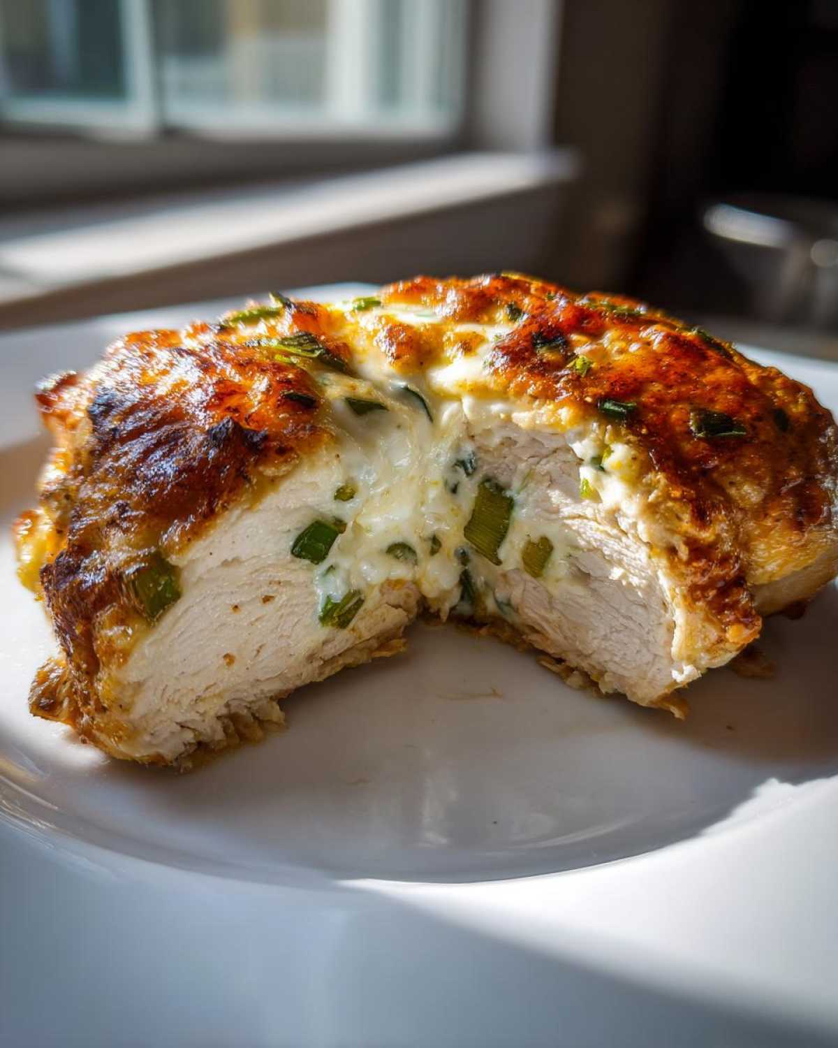 A cross-section of Keto Creamy Jalapeno Popper Chicken showing juicy white meat stuffed with creamy cheese filling and green onions.