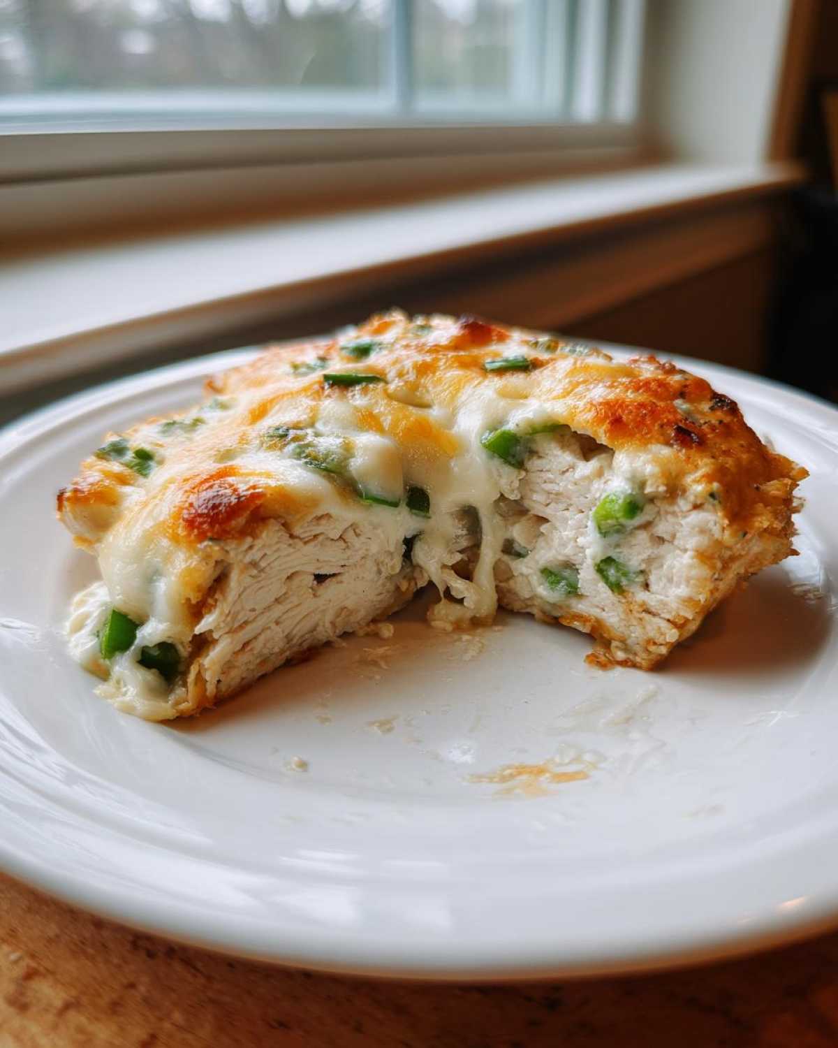 A cross-section of Keto Creamy Jalapeno Popper Chicken showing moist white meat topped with melted cheese and green jalapeno pieces.