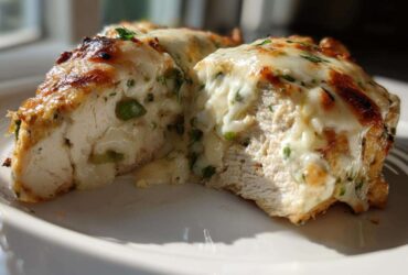 A cross-section view of Keto Creamy Jalapeno Popper Chicken, showing juicy white meat stuffed with melted cheese and green jalapeno pieces.