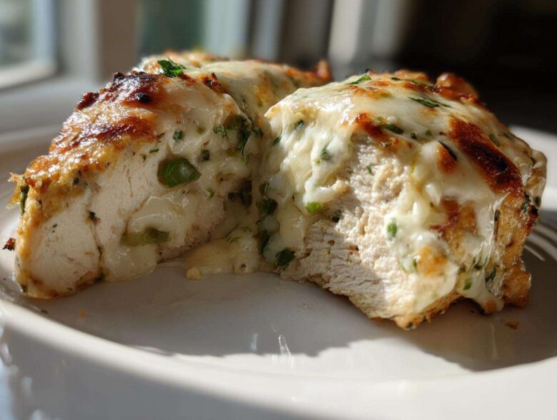 A cross-section view of Keto Creamy Jalapeno Popper Chicken, showing juicy white meat stuffed with melted cheese and green jalapeno pieces.